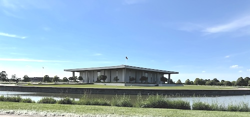Stuhr Museum building surrounded by moat.