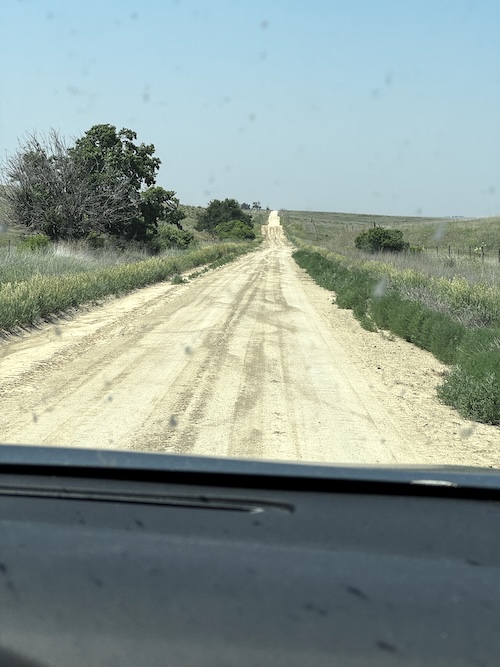 Image taken through car windshield show a long dirt road going off into the horizon. Scrub brush on the right side, a couple of small green trees on the left side.